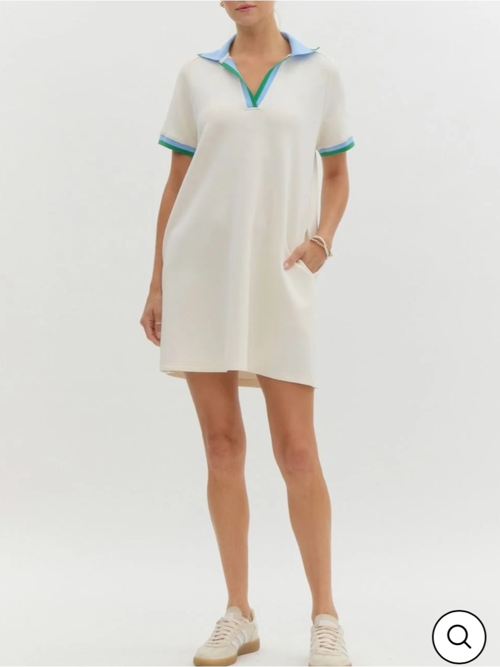 Entro Cream Polo-Style Short Sleeve Dress with Blue & Green Trim size small